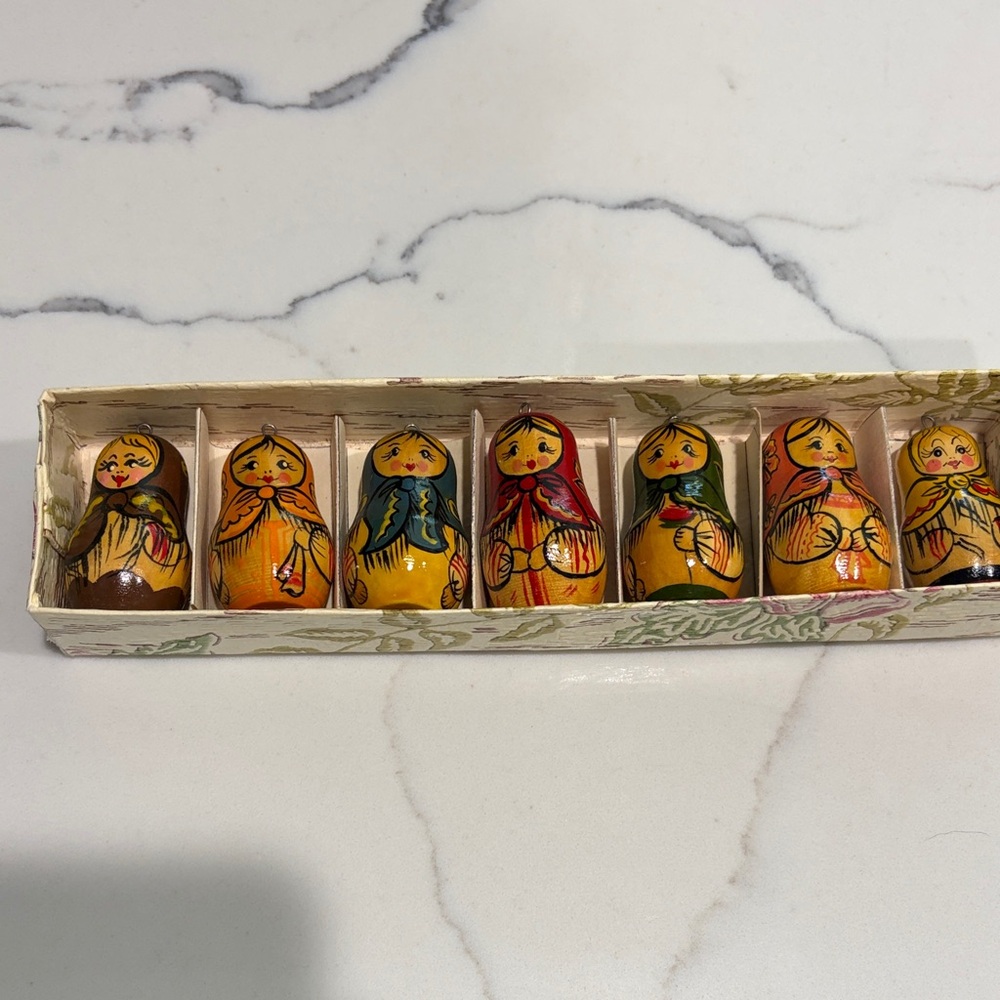 Hand painted Russian doll ornaments, set of 7
